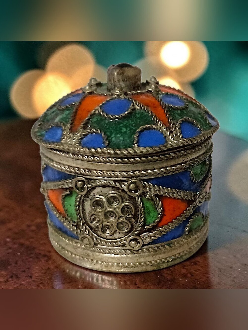 Vtg Berber Kabyle Mini Trinket Box Moroccan Inlaid Enamel Silver Tone Cloisonne